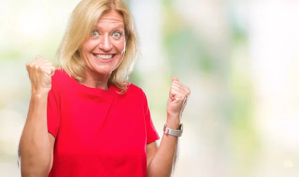 Blonde Frau Mittleren Alters Über Isolierten Hintergrund Sehr Glücklich Und — Stockfoto