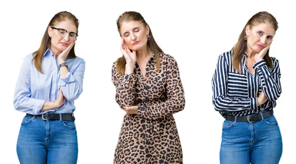 Collage Vackra Medelålders Kvinna Över Isolerade Bakgrund Tänkande Ser Trött — Stockfoto