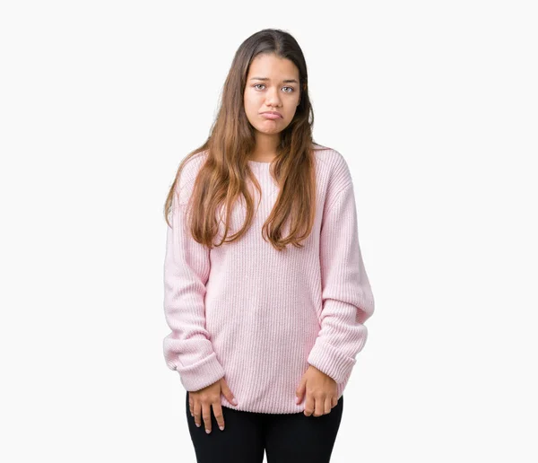 Młoda Piękna Kobieta Brunetka Swetrze Różowy Zima Białym Tle Depresji — Zdjęcie stockowe