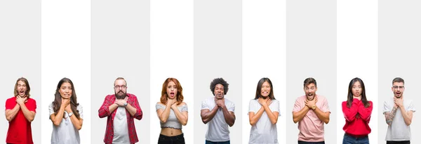 Collage Diferentes Etnias Jóvenes Sobre Rayas Blancas Aislados Fondo Gritando — Foto de Stock