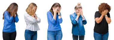 Kolaj bir grup yüz eller ile ağlayarak süre kapsayan üzgün ifade ile beyaz izole arka plan üzerinde güzel kadınların. Depresyon kavramı.