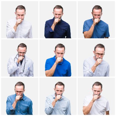 Kolaj üst düzey ağarmış zarif adam beyaz bir arka plan duygu hasta ve öksürük semptom olarak soğuk veya bronşit için izole. Sağlık kavramı.