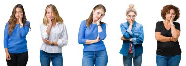Kolaj üzerinde beyaz izole arka plan düşünme seyir yorgun ve bıkkın ile depresyon sorunları karşılıklı silah olan güzel kadın grubunun.