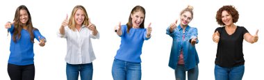 Kolaj bir grup beyaz izole arka plan onaylama üzerinde güzel kadınların el ile pozitif jest yapıyor gülümseyen ve başarı için mutlu başparmak. Kamera, kazanan jest arıyorsunuz.