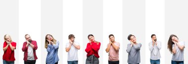 Farklı etnik genç insanlar uyku yorgun hayal ve eller ile birlikte kapalı gözlerle gülümseyerek poz beyaz çizgili izole arka plan üzerinde kolaj.