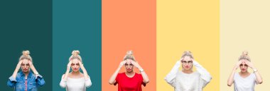 Genç güzel sarışın kadın canlı renkli vintage yüzünden kolaj çizgili izole arka plan baş baş ağrısı için el ile çünkü stres. Migren muzdarip.