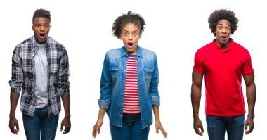 Kolaj bir grup Afrikalı-Amerikalı insanlar izole arka plan korkuyor ve şok sürpriz ifade, korku ve heyecan yüz üzerinden afro saçlı.