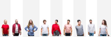 Farklı etnik gençlerin seksi bir ifadeyle, neşeli ve mutlu yüzünü kameraya bakarak göz kırpıyor beyaz çizgili izole arka plan üzerine kolaj.