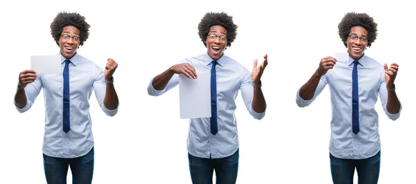 Collage Afroamerikanska Ung Affärsman Hålla Blankt Papperskort Över Isolerade Bakgrund — Stockfoto