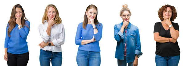 Collage Groupe Belles Femmes Sur Fond Blanc Isolé Regardant Avec — Photo