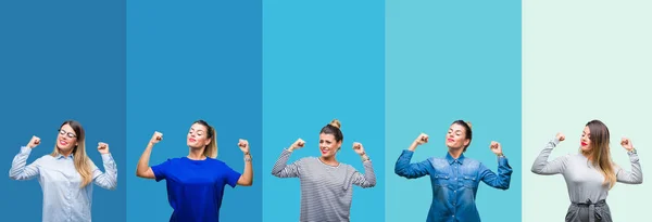 Collage Young Beautiful Woman Blue Stripes Isolated Background Showing Arms — Stock Photo, Image