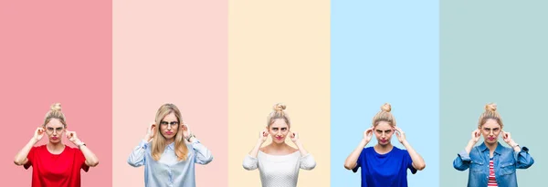 Collage Vacker Blond Kvinna Över Färgglada Ränder Isolerade Bakgrund Som — Stockfoto