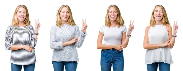 Colagem Bela Mulher Loira Sobre Fundo Isolado Branco Sorrindo Com — Fotografia de Stock