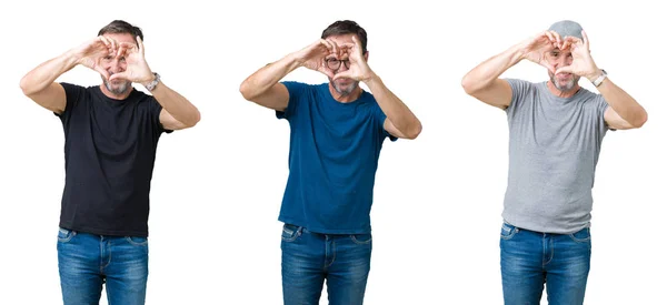 Colagem Homem Sênior Bonito Sobre Fundo Isolado Branco Fazendo Forma — Fotografia de Stock