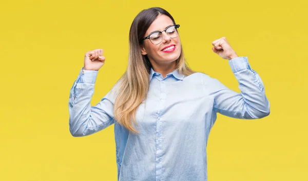 Joven Mujer Negocios Hermosa Con Gafas Sobre Fondo Aislado Mostrando —  Fotos de Stock