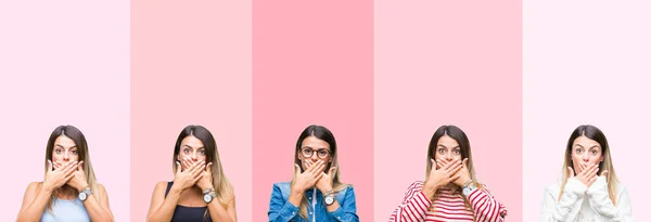 Collage Young Beautiful Woman Pink Stripes Isolated Background Shocked Covering — Stock Photo, Image