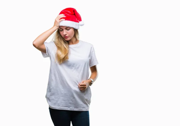 때문에 절망과 스트레스에서 크리스마스 모자를 금발의 통증과 편두통 머리에 — 스톡 사진