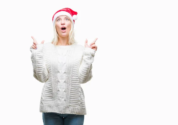 Joven Hermosa Mujer Rubia Con Sombrero Navidad Sobre Fondo Aislado — Foto de Stock