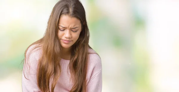 Jonge Mooie Brunette Vrouw Roze Winter Trui Dragen Geïsoleerd Achtergrond — Stockfoto