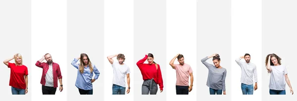 Collage Diferentes Etnias Jóvenes Sobre Rayas Blancas Fondo Aislado Confundir —  Fotos de Stock