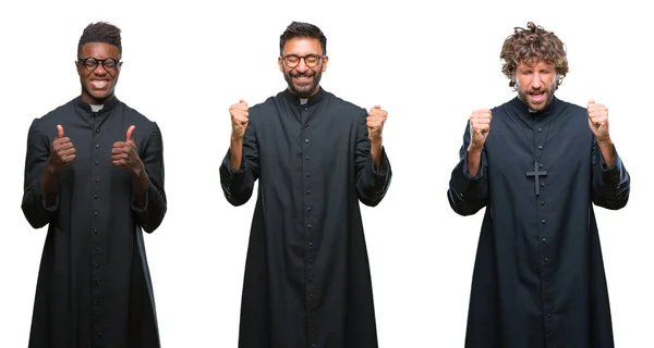 Collage Hombres Sacerdotes Cristianos Sobre Fondo Aislado Emocionado Por Éxito —  Fotos de Stock