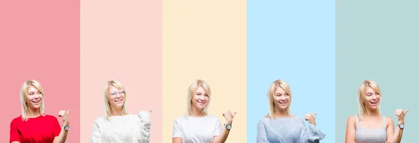 Коллаж Красивой Блондинки Красочные Полосы Изолированный Фон Улыбаясь Счастливым Лицом — стоковое фото