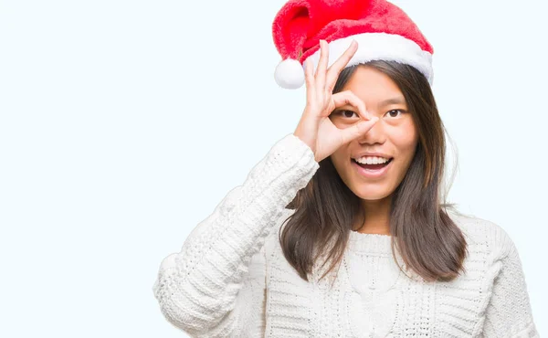 Jeune Femme Asiatique Portant Chapeau Noël Sur Fond Isolé Faisant — Photo