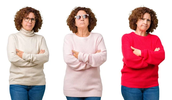 白冬のセーターを着て中年年配の女性のコラージュは 背景の懐疑論者と組んだ腕で顔の神経 不賛成の式を分離しました 否定的な人 — ストック写真
