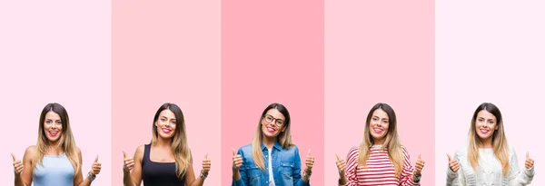 Collage Young Beautiful Woman Pink Stripes Isolated Background Success Sign — Stock Photo, Image