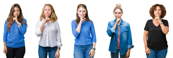 Colagem Grupo Belas Mulheres Sobre Fundo Isolado Branco Pedindo Para — Fotografia de Stock