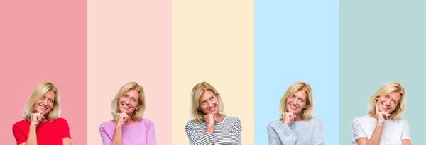 Collage Middle Age Senior Beautiful Woman Colorful Stripes Isolated Background — Stock Photo, Image