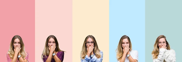 Collage Hermosa Mujer Joven Sobre Rayas Colores Fondo Aislado Impactó —  Fotos de Stock