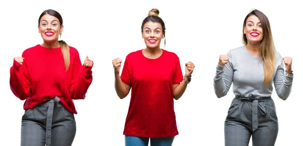 Collage Van Jonge Mooie Vrouw Geïsoleerde Achtergrond Vieren Verrast Verbaasd — Stockfoto