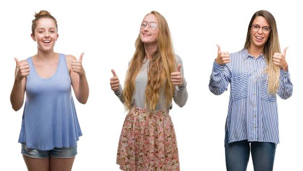 Collage Van Groep Blonde Vrouwen Geïsoleerde Achtergrond Succes Teken Doen — Stockfoto