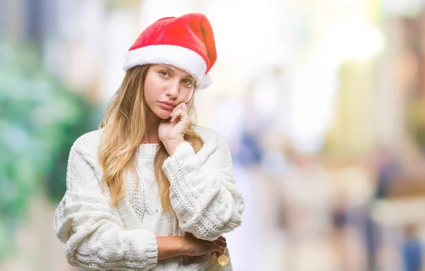 Jonge Mooie Blonde Vrouw Met Kerst Hoed Geïsoleerde Achtergrond Denken — Stockfoto