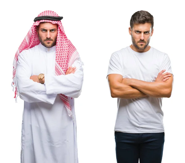 Kolaż Przystojny Młody Mężczyzna Emiraty Mężczyzna Białym Tle Sceptykiem Nerwowy — Zdjęcie stockowe