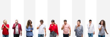 Kolaj farklı etnik genç insanlar üzerinde beyaz çizgili bir soğuk veya bronşit için arka plan duygu hasta ve semptom olarak öksürük izole. Sağlık kavramı.