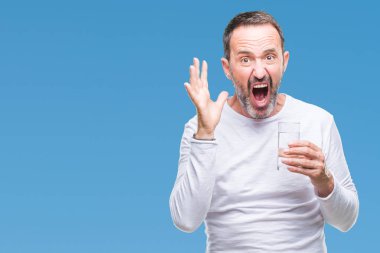 Orta yaş ağarmış komuta sizde büyük gülümseme ile çığlık ve ellerini kaldırdı zaferini kutluyor izole arka plan çok mutlu ve heyecanlı, kazanan ifade üzerinde bardak su içme