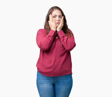 Artı boyutu yüz kapsayan izole arka plan yorgun eller genç kadın güzel, depresyon ve üzüntü, üzgün ve sorun için tahriş