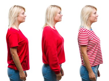 İzole arka tarafına seyir üzerinde rahat kırmızı giyen güzel sarışın kadının kolaj, doğal yüz emin gülümseme ile pozuyla profil sakin ol.