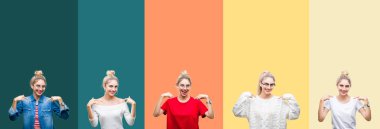 Kolaj üzerinde canlı renkli vintage genç güzel sarışın kadının yüzünde gülümseme ile kendinden emin görünüyorsun, kendini gururlu ve mutlu parmakları ile işaret izole arka plan şeritler.