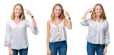 Güzel sarışın kadın beyaz izole yüzünden kolaj bir parmak, harika bir fikir ya da düşünce, iyi hafıza ile baş gösteren gülen arka plan