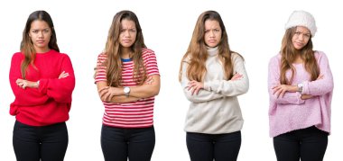 Kolaj izole arka plan şüpheci ve sinir, onaylamayan ifade yüz çapraz kolları olan güzel ve genç birbayan. Negatif kişi.