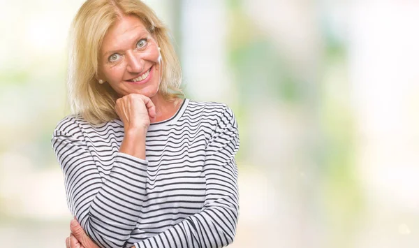 Middle Age Blonde Woman Isolated Background Looking Confident Camera Smile — Stock Photo, Image