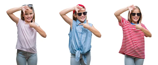 Колаж Маленької Дівчинки Яка Носить Сонцезахисні Окуляри Над Ізольованим Тлом — стокове фото