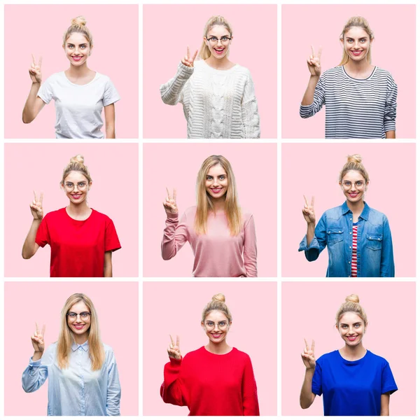 Collage Unga Vackra Blonda Kvinnan Över Rosa Isolerade Bakgrund Visar — Stockfoto