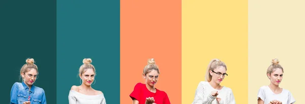 Collage Van Jonge Mooie Blonde Vrouw Levendige Kleurrijke Vintage Strepen — Stockfoto
