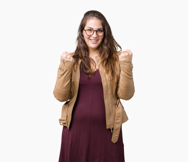 Beautiful Size Young Woman Wearing Dress Leather Jacket Isolated Background — Stock Photo, Image