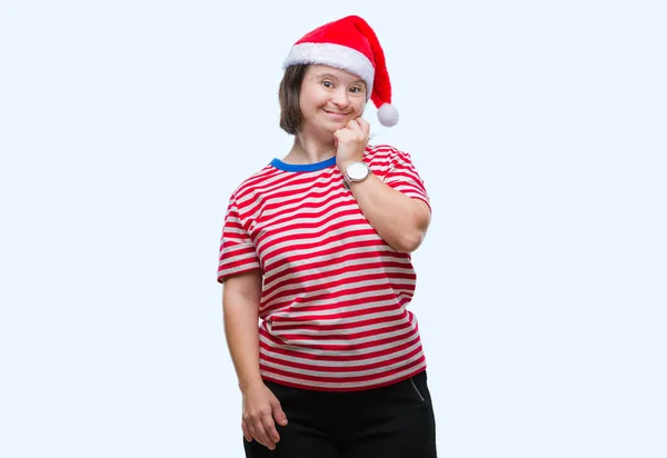 Mujer Adulta Joven Con Síndrome Que Usa Sombrero Navidad Sobre —  Fotos de Stock