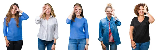 Collage Grupp Vackra Kvinnor Över Vit Isolerade Bakgrund Gör Gest — Stockfoto